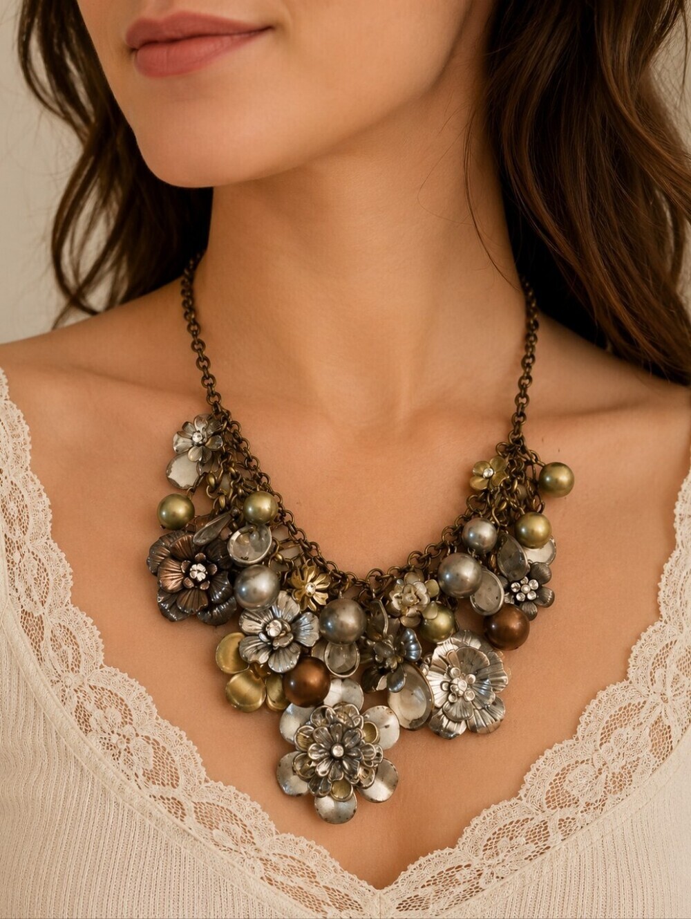 Vintage 1990s Floral Cluster Chainmaille Statement Boho Festival Necklace